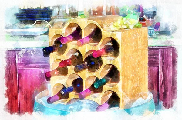 Şarap Şişelerinin Suluboya Resmi Modern Dijital Sanat Akvaryumlarla Boyanmış Yapımı — Stok fotoğraf