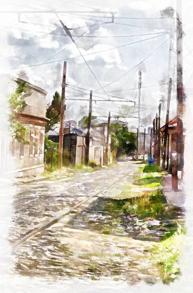 Watercolor Painting Suburban Landscape Bright Sunny Day Modern Digital Art — Stock Fotó