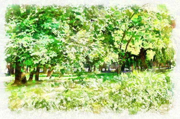 Watercolor painting - park suburban landscape in bright sunny day. Modern digital art, imitation of hand painted with aquarells dye