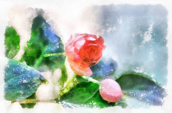 Watercolor painting of blooming flowers. Modern digital art, imitation of hand painted with aquarells dye