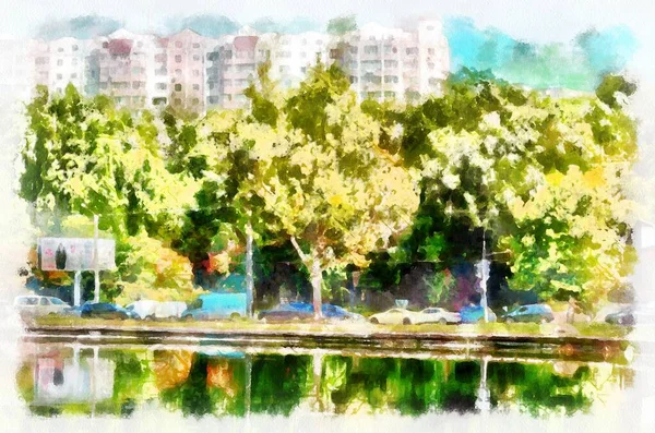 Watercolor Painting Park Suburban Landscape Bright Sunny Day Modern Digital — Stok fotoğraf