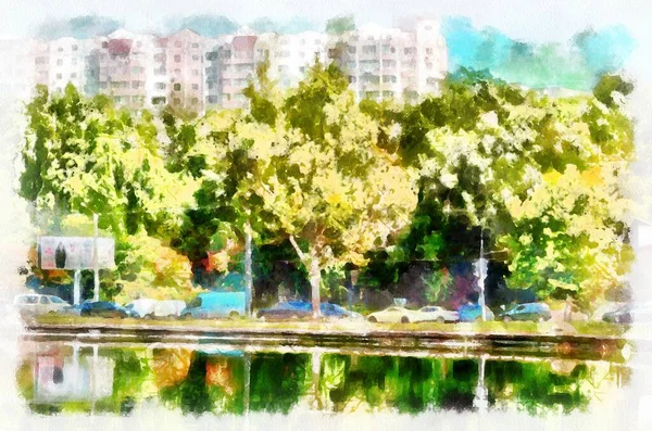 Watercolor painting - park suburban landscape in bright sunny day. Modern digital art, imitation of hand painted with aquarells dye