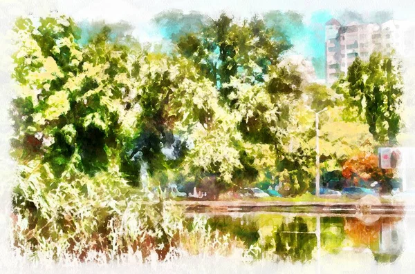 Watercolor painting - park suburban landscape in bright sunny day. Modern digital art, imitation of hand painted with aquarells dye