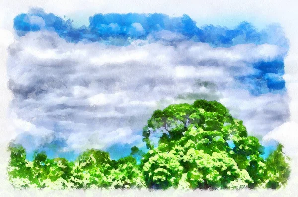 Watercolor Painting Landscape Trees Sky Bright Sunny Day Modern Digital — стоковое фото