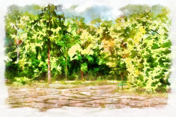 Watercolor Painting Park Suburban Landscape Bright Sunny Day Modern Digital — Stock Fotó
