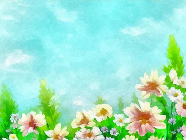 Digital drawing of nature floral background with beautiful flowers in painting on paper style