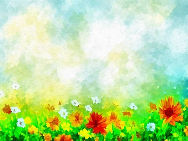 Desenho Digital Natureza Fundo Floral Com Belas Flores Pintura Estilo — Fotografia de Stock