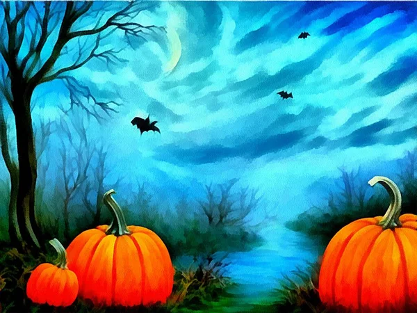 Digital drawing of haloween nature background with orange pumpkin in   painting on paper style