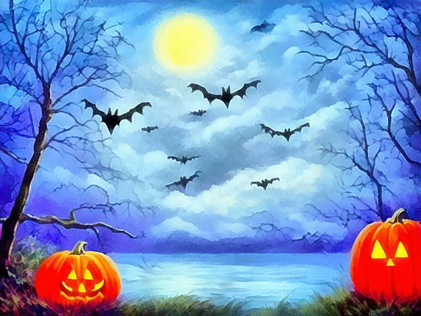 Digital drawing of haloween nature background with orange pumpkin in   painting on paper style