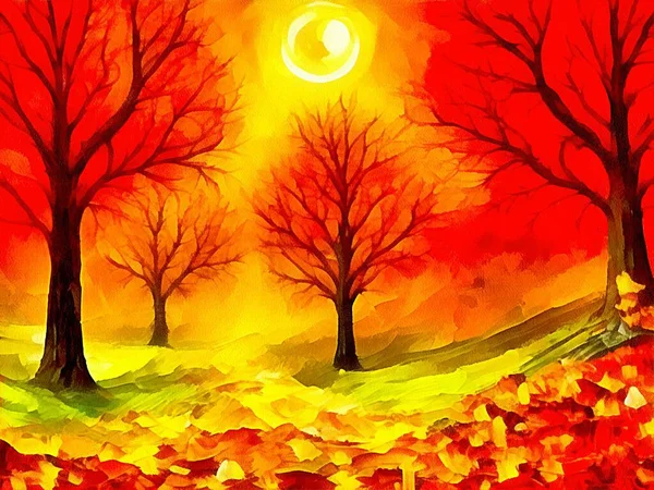 Digital drawing of haloween nature background with orange trees on painting on paper style