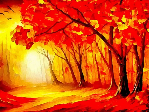 Digital drawing of haloween nature background with orange trees on painting on paper style