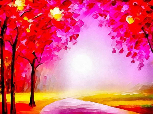 Digital drawing of valentine\'s day nature background with orange trees in painting on paper style