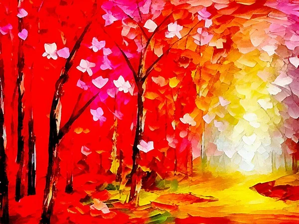 Digital drawing of valentine\'s day nature background with orange trees in painting on paper style