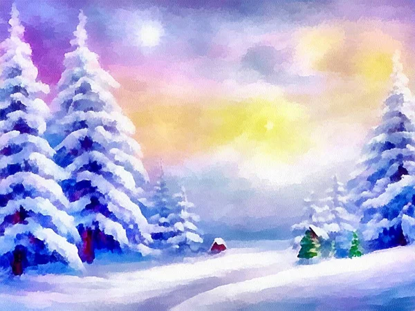 Desenho Digital Fundo Natureza Natal Com Neve Árvores Natal Pintura — Fotografia de Stock