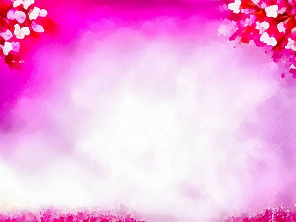Digital drawing of valentine\'s day nature background with pink flowers in painting on paper style