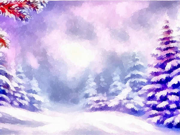 Digital drawing of christmas nature background with snow and christmas trees in painting on paper style