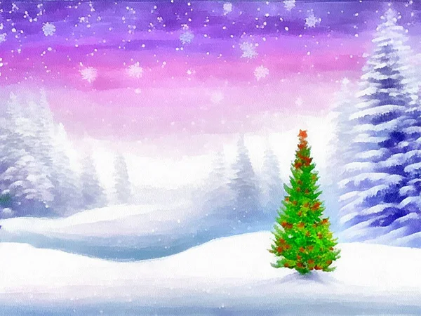 Цифровий Малюнок Різдвяного Фону Природи Снігом Ялинками Живописі Паперовому Стилі — стокове фото