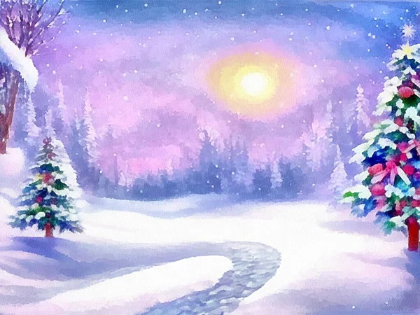 Digital drawing of christmas nature background with snow and christmas trees in painting on paper style