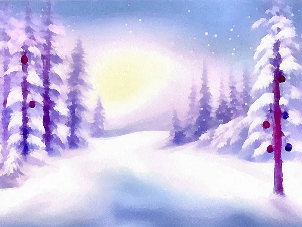 Digital Teckning Jul Natur Bakgrund Med Snö Och Julgranar Målning — Stockfoto