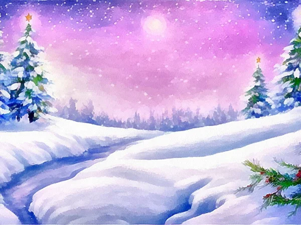 Digital drawing of christmas nature background with snow and christmas trees in painting on paper style