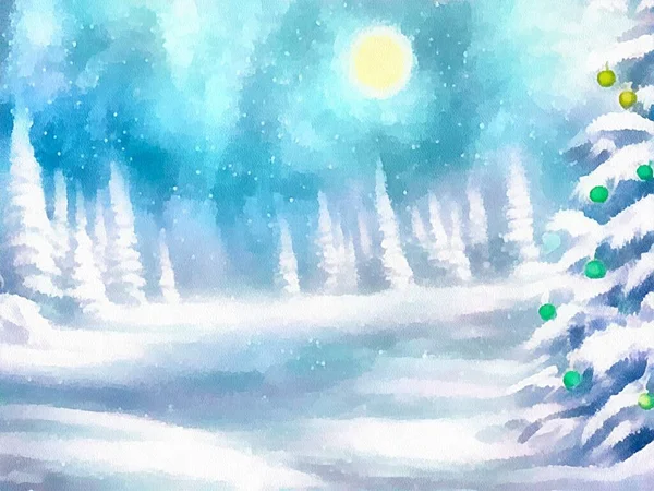 Digitale Zeichnung Von Weihnachten Natur Hintergrund Mit Schnee Und Weihnachtsbäumen — Stockfoto