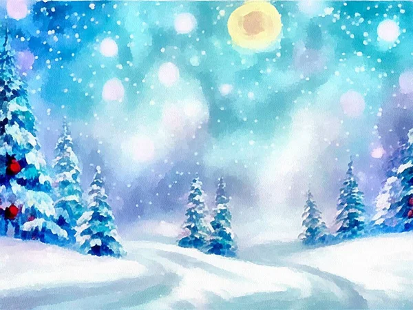 Desenho Digital Fundo Natureza Natal Com Neve Árvores Natal Pintura — Fotografia de Stock