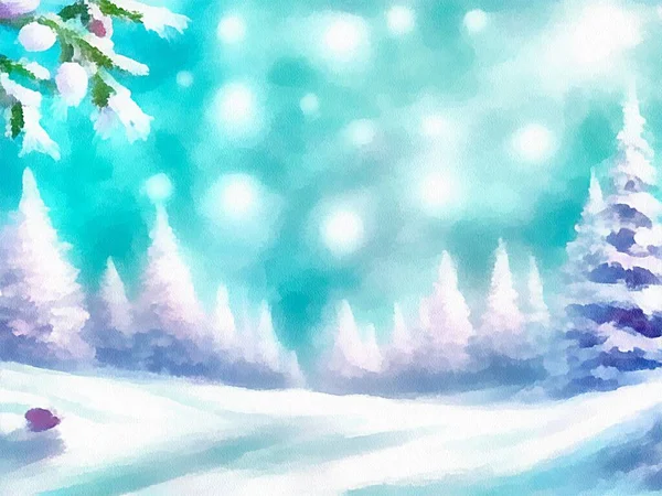 Digital Drawing Christmas Nature Background Snow Christmas Trees Painting Paper — Stock Photo, Image