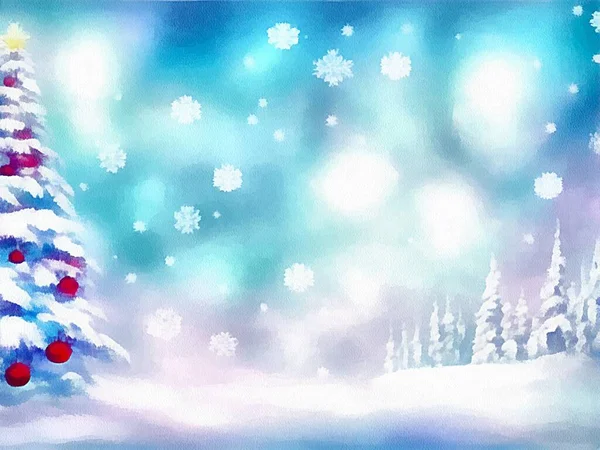 Digital drawing of christmas nature background with snow and christmas trees in painting on paper style