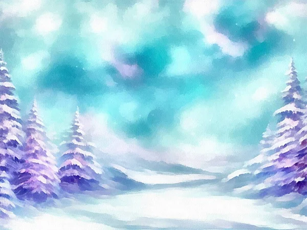 Цифровой Рисунок Рождественского Фона Природы Снегом Рождественскими Деревьями Живописи Бумажном — стоковое фото