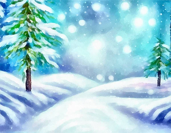 Digital Drawing Christmas Nature Background Snow Christmas Trees Painting Paper — Stock Photo, Image