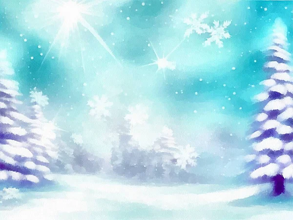 Digital drawing of christmas nature background with snow and christmas trees in painting on paper style