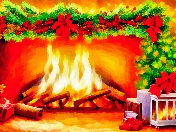 Desenho Digital Fundo Natureza Natal Com Lareira Pintura Estilo Papel — Fotografia de Stock