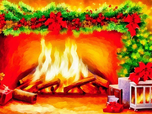 Digital drawing of christmas nature background with fireplace in painting on paper style