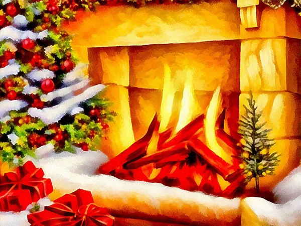 Digital drawing of christmas nature background with fireplace in painting on paper style