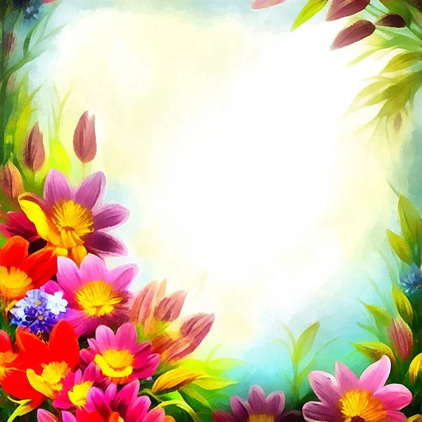 Digital drawing of nature floral background with beautiful flowers in the painting on paper style