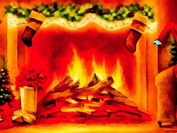 Digital Teckning Jul Natur Bakgrund Med Öppen Spis Målning Papper — Stockfoto
