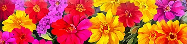 Horizontal banner for website design, digital drawing of beautiful flowers in painting on paper style