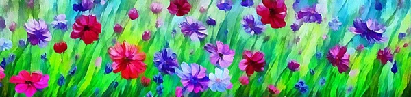 Horizontal banner for website design, digital drawing of beautiful flowers in painting on paper style