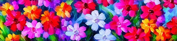 Horizontal banner for website design, digital drawing of beautiful flowers in painting on paper style