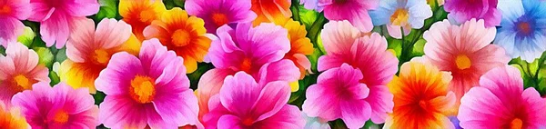 Horizontal banner for website design, digital drawing of beautiful flowers in painting on paper style