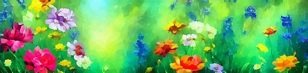 Horizontal banner for website design, digital drawing of beautiful flowers in painting on paper style