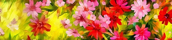 Horizontal banner for website design, digital drawing of beautiful flowers in painting on paper style