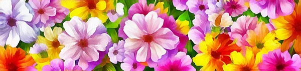 Horizontal banner for website design, digital drawing of beautiful flowers in painting on paper style