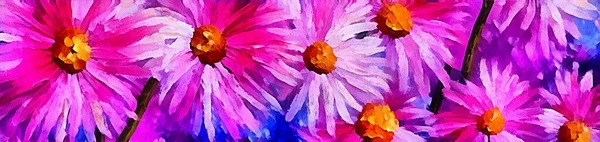 Horizontal banner for website design, digital drawing of beautiful flowers in painting on paper style