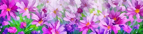 Horizontal banner for website design, digital drawing of beautiful flowers in painting on paper style