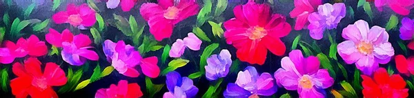 Horizontal banner for website design, digital drawing of beautiful flowers in painting on paper style