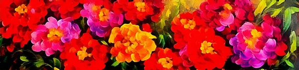 Horizontal banner for website design, digital drawing of beautiful flowers in painting on paper style