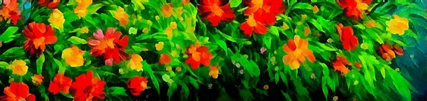 Horizontal banner for website design, digital drawing of beautiful flowers in painting on paper style