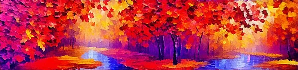 Horizontal banner for website design, digital drawing of beautiful autumn landscape in painting on paper style