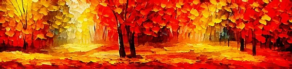 Horizontal banner for website design, digital drawing of beautiful autumn landscape in painting on paper style